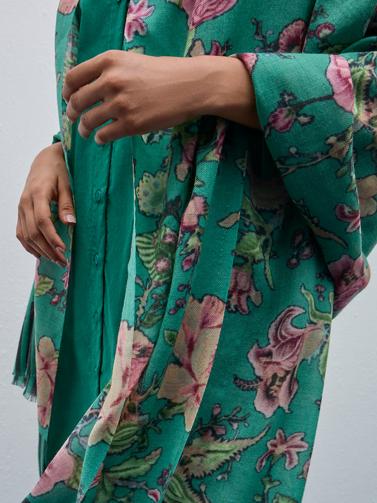 Utsa Green Floral Printed Woollen Shawl