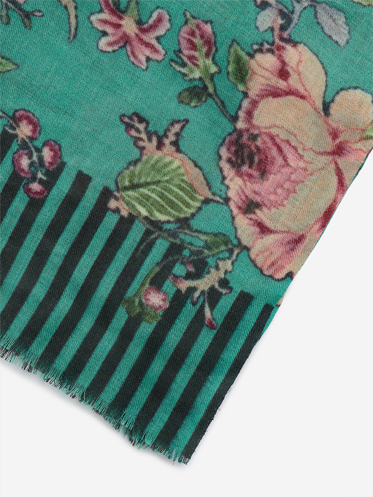 Utsa Green Floral Printed Woollen Shawl