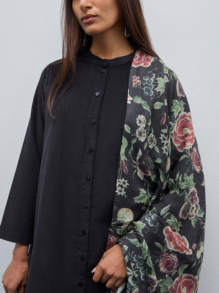 Utsa Black Floral Printed Woollen Shawl