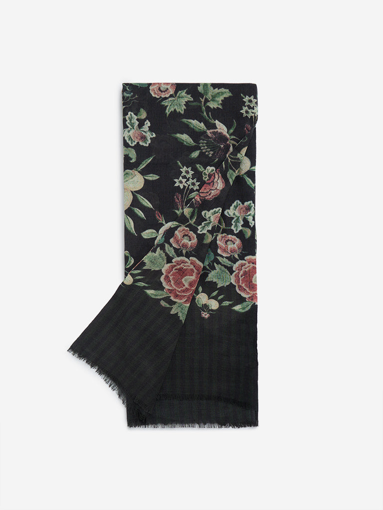 Utsa Black Floral Printed Woollen Shawl