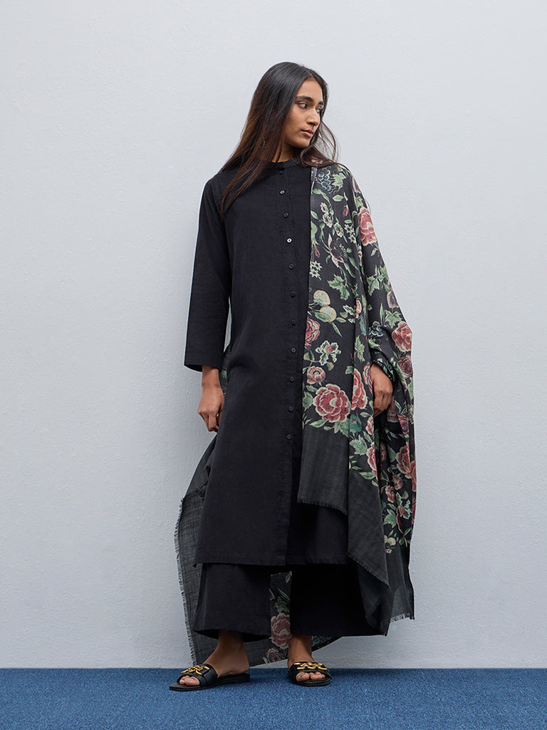 Utsa Black Floral Printed Woollen Shawl