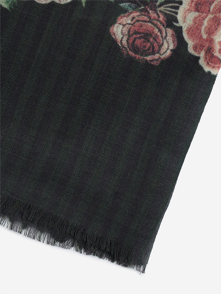 Utsa Black Floral Printed Woollen Shawl