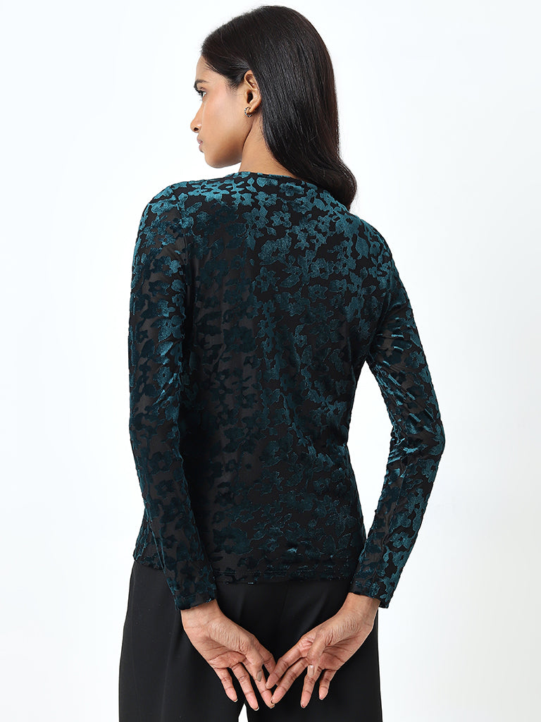 Wardrobe Dark Green Floral Design Velveteen Top