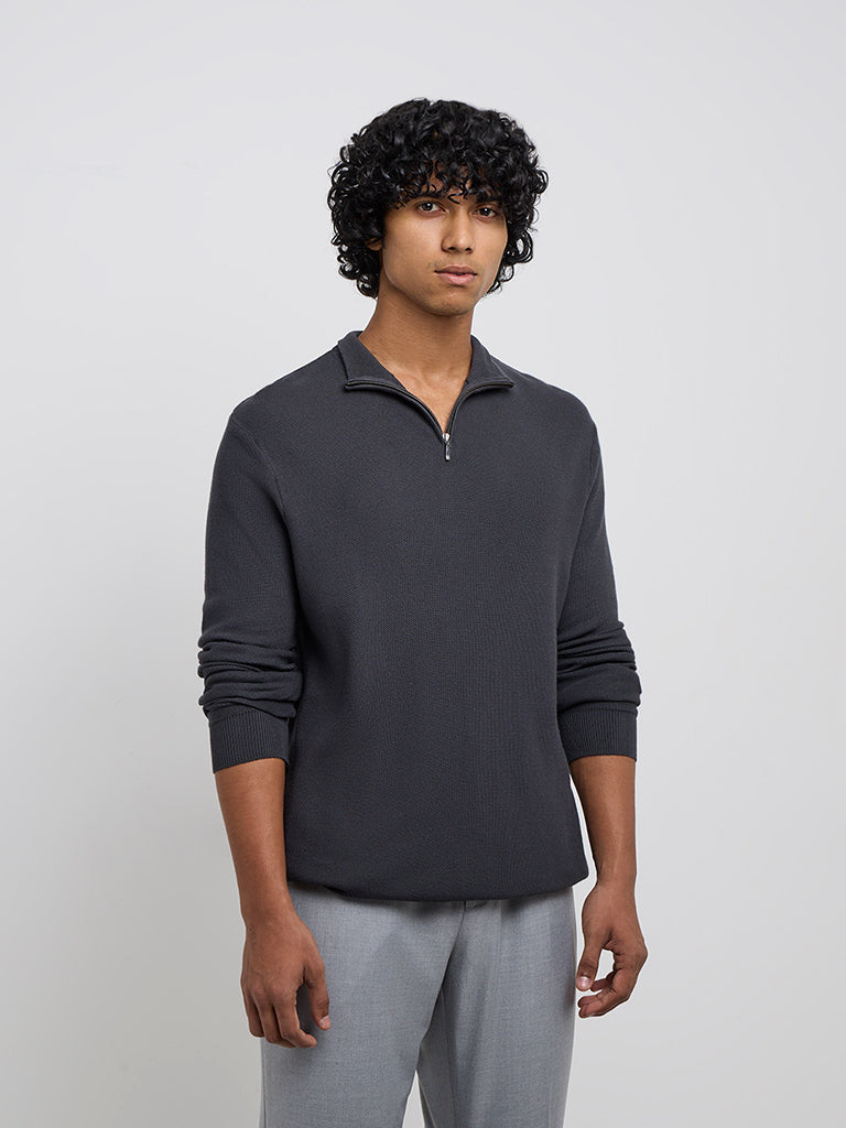 WES Formals Grey Knitted Slim-Fit High-Neck Sweater