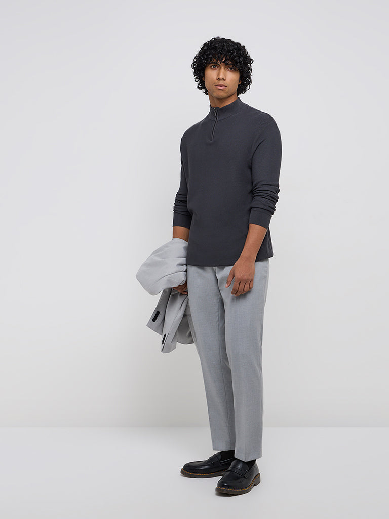 WES Formals Grey Knitted Slim-Fit High-Neck Sweater