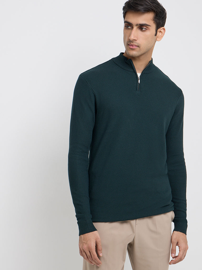 WES Formals Dark Green Solid Slim-Fit Sweater