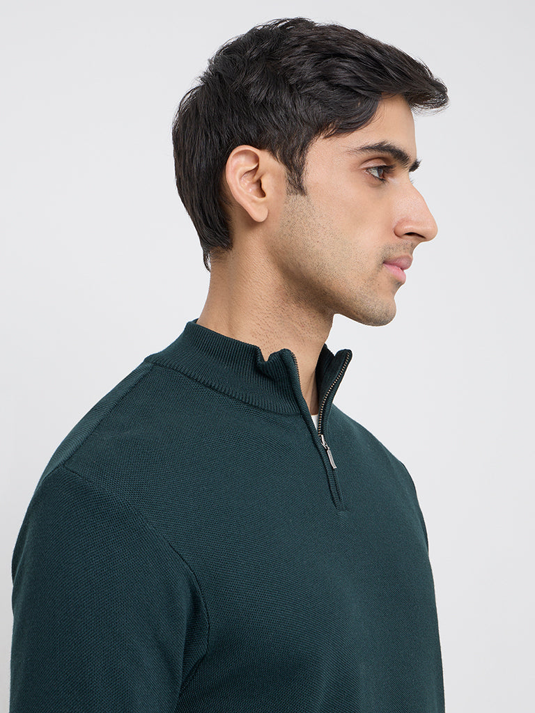 WES Formals Dark Green Solid Slim-Fit Sweater