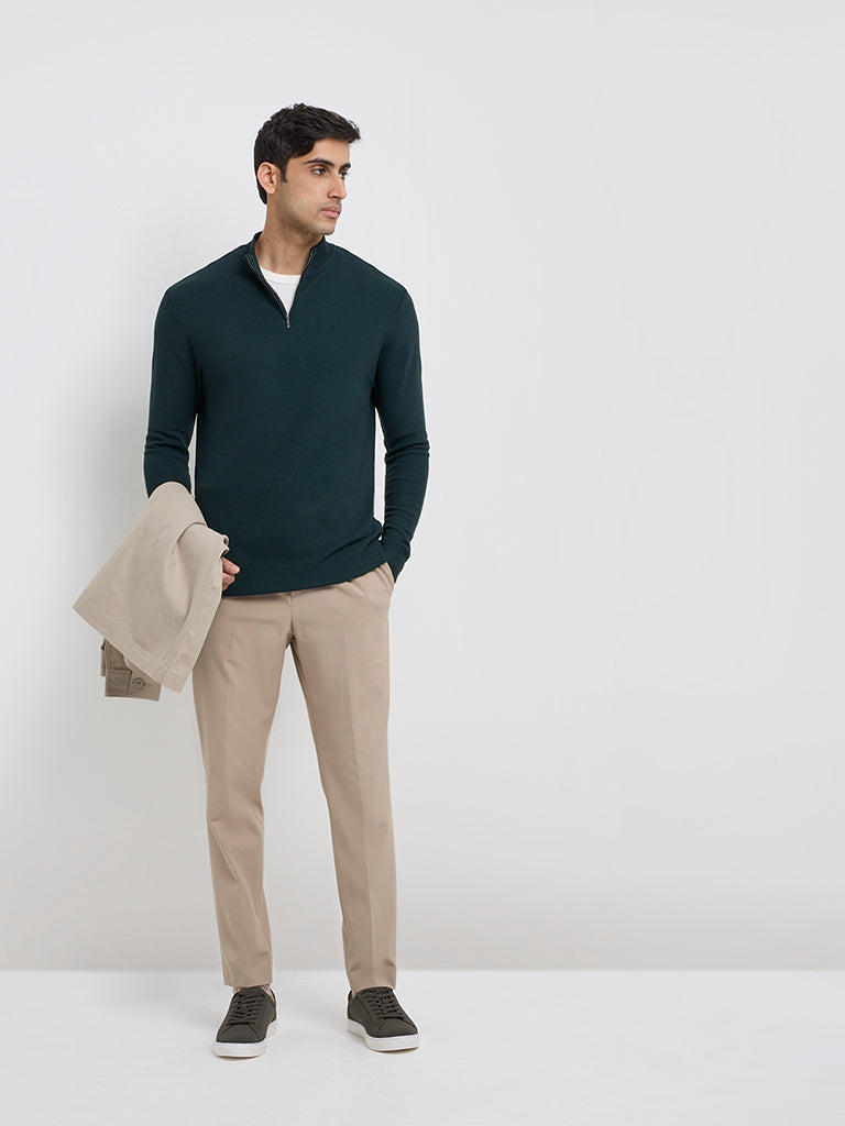 WES Formals Dark Green Solid Slim-Fit Sweater