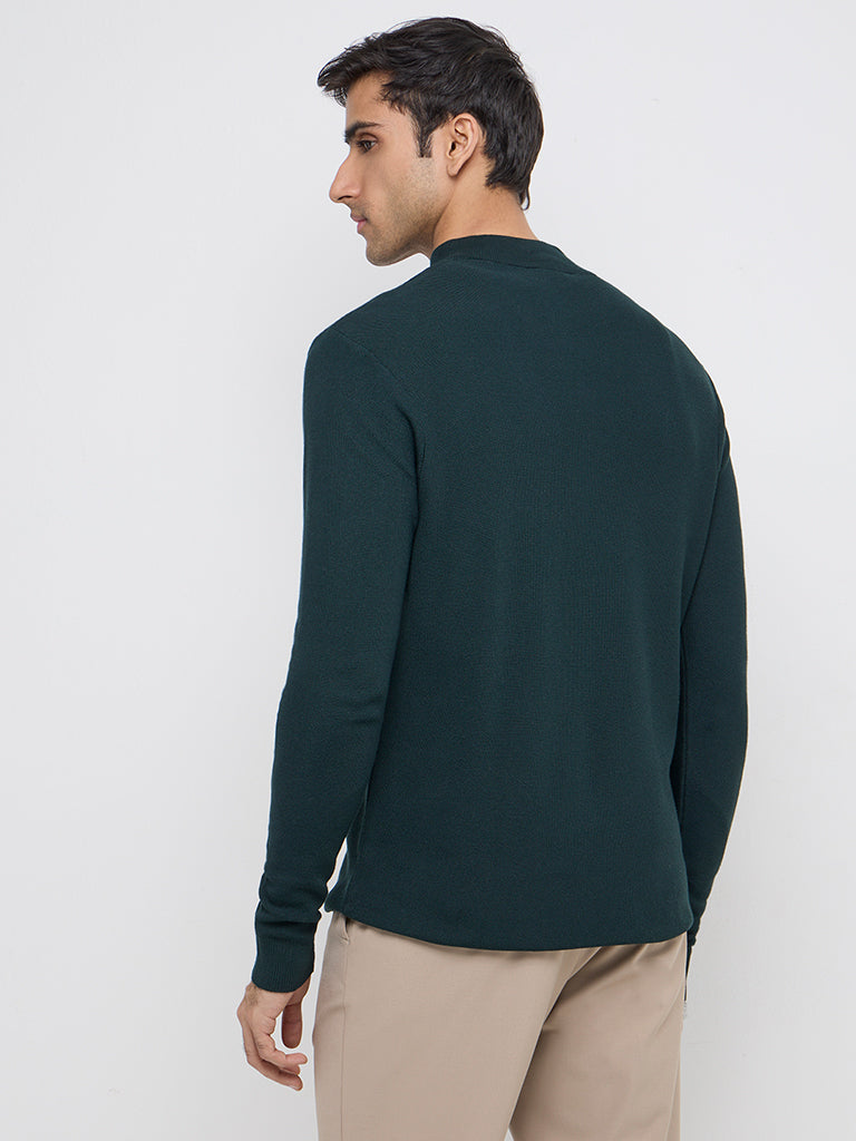 WES Formals Dark Green Solid Slim-Fit Sweater