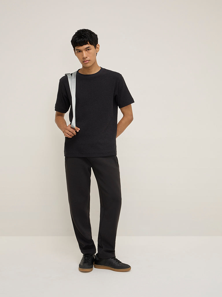 Studiofit Black Self-Textured Relaxed-Fit T-Shirt