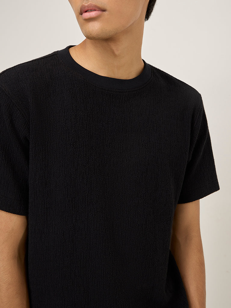 Studiofit Black Self-Textured Relaxed-Fit T-Shirt