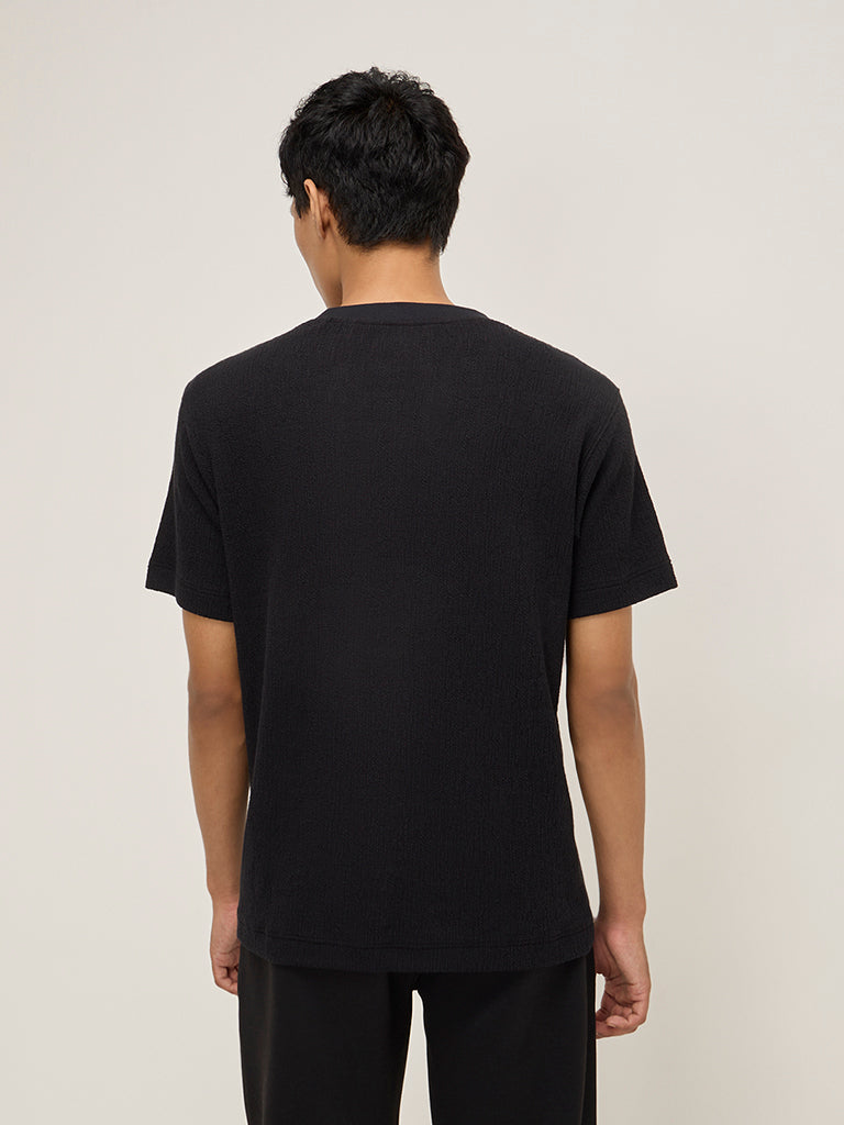 Studiofit Black Self-Textured Relaxed-Fit T-Shirt