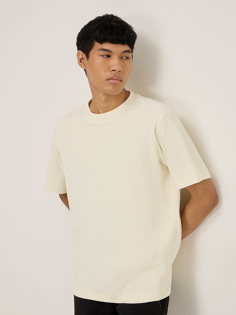 Studiofit Off-White Textured Relaxed-Fit Cotton-Blend T-Shirt