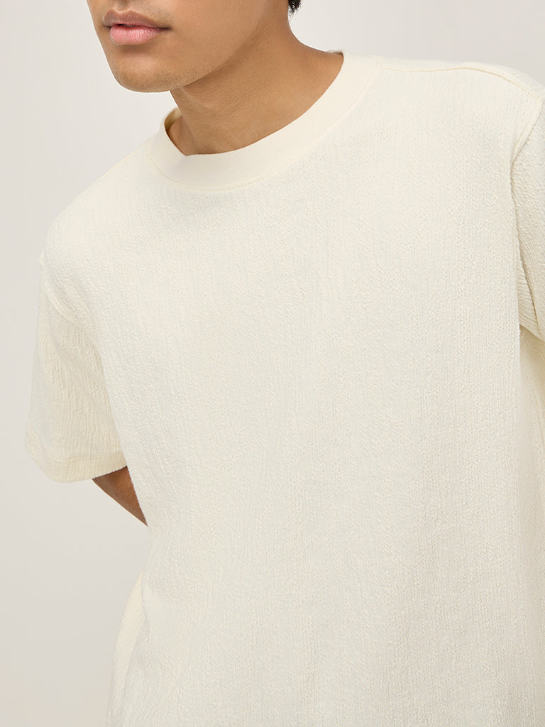 Studiofit Off-White Textured Relaxed-Fit Cotton-Blend T-Shirt