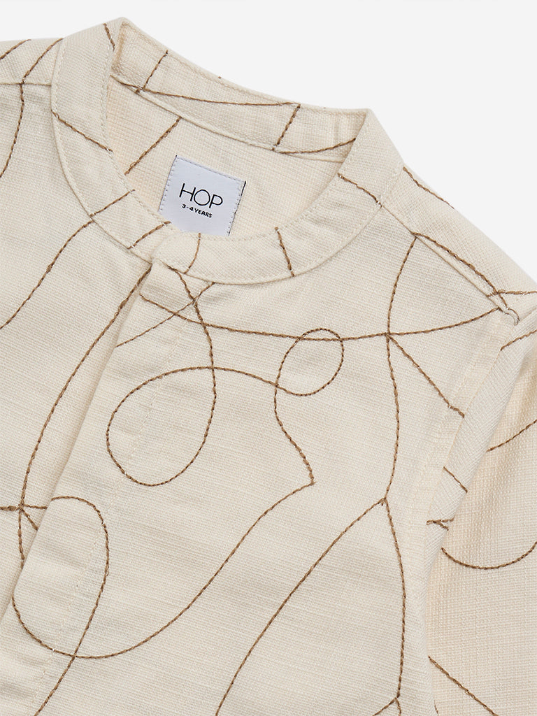 HOP Kids Beige Embroidered Design Cotton Shirt