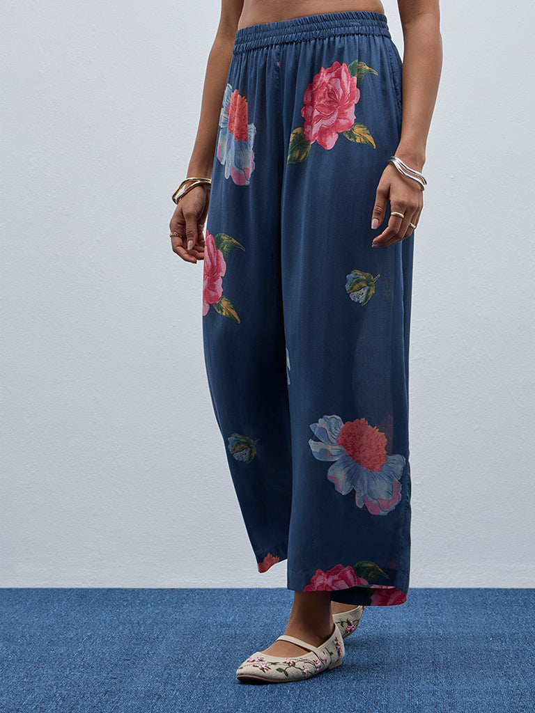 Utsa Indigo Floral Printed High-Rise Cotton Ethnic Pants