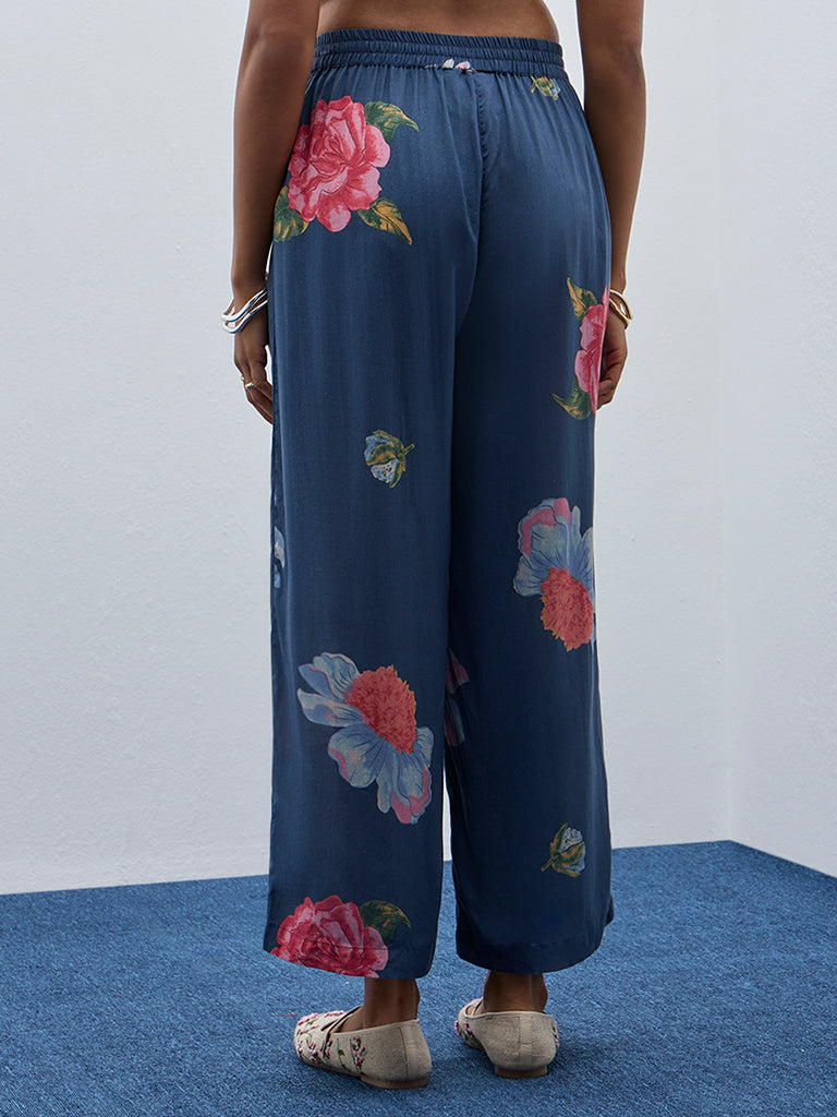 Utsa Indigo Floral Printed High-Rise Cotton Ethnic Pants