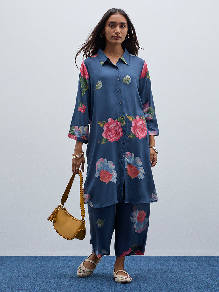 Utsa Indigo Floral Printed High-Rise Cotton Ethnic Pants