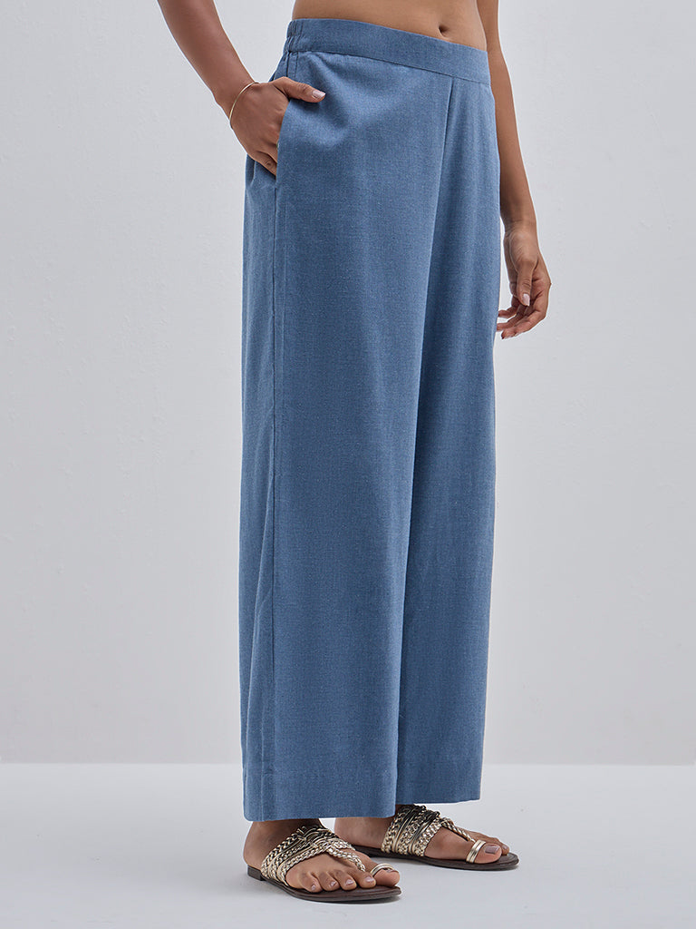 Utsa Blue Solid High-Rise Cotton Ethnic Pants