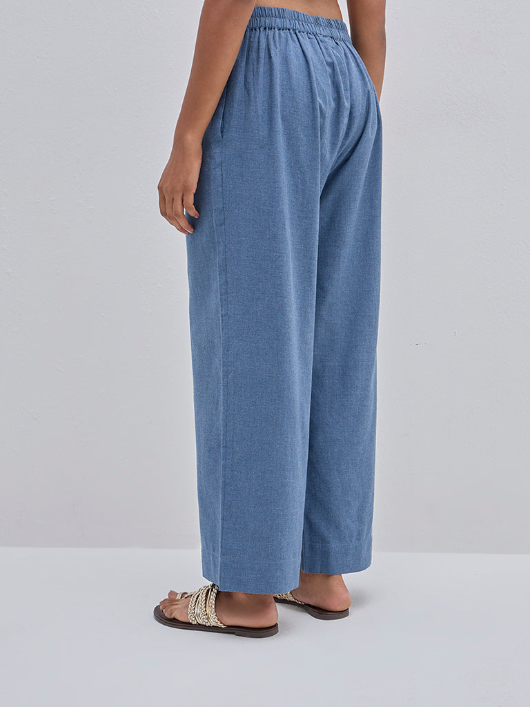 Utsa Blue Solid High-Rise Cotton Ethnic Pants