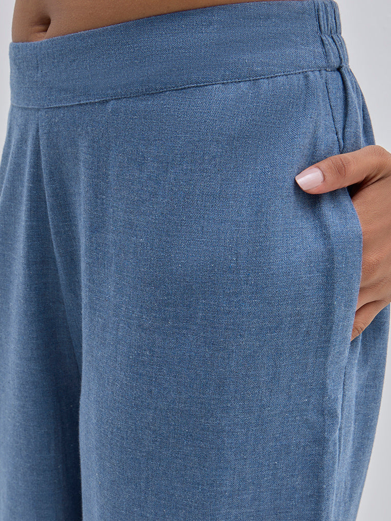 Utsa Blue Solid High-Rise Cotton Ethnic Pants