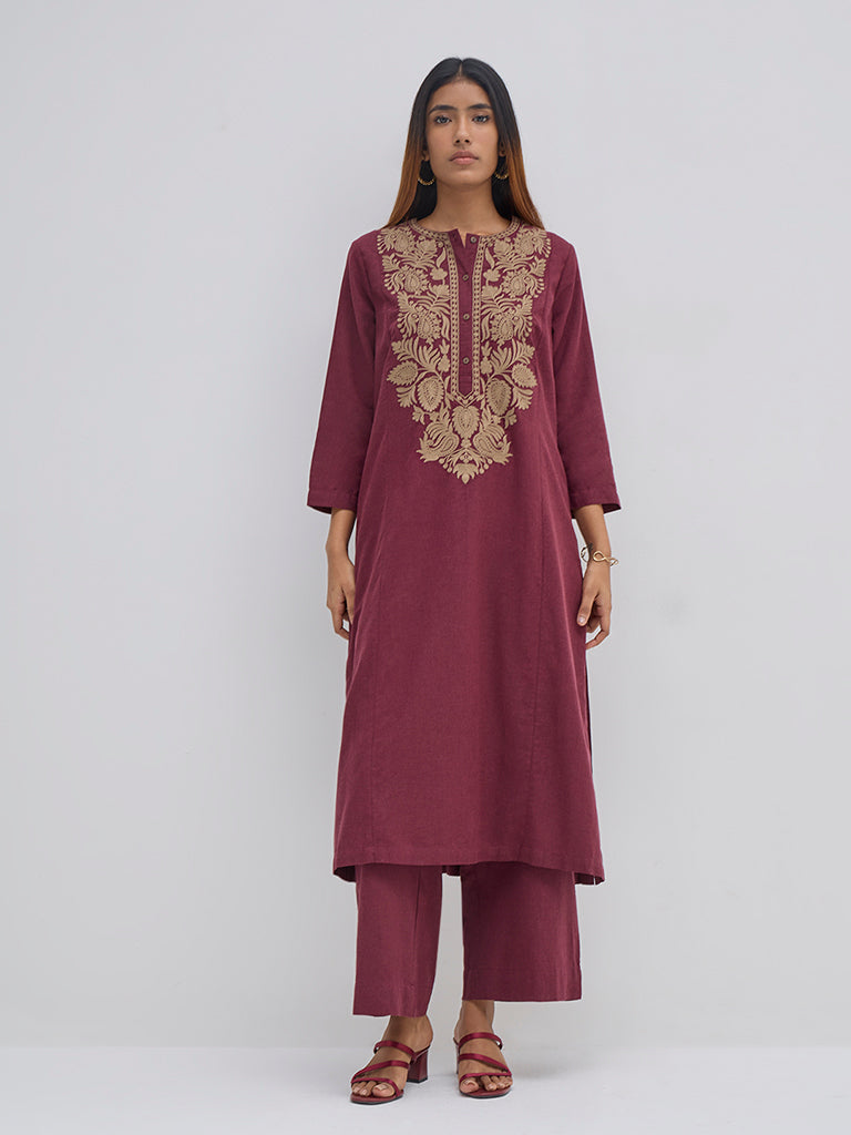 Utsa Maroon High-Rise Cotton Ethnic Pants