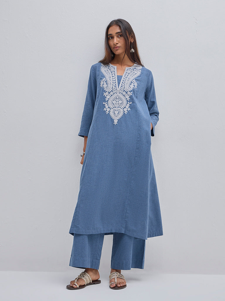 Utsa Blue Paisley Embroidered Cotton A-Line Kurta