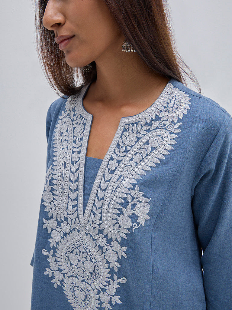 Utsa Blue Paisley Embroidered Cotton A-Line Kurta