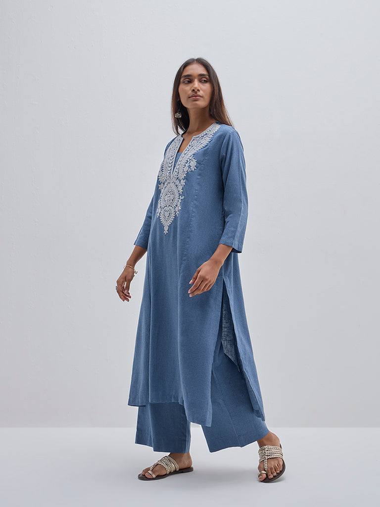 Utsa Blue Paisley Embroidered Cotton A-Line Kurta