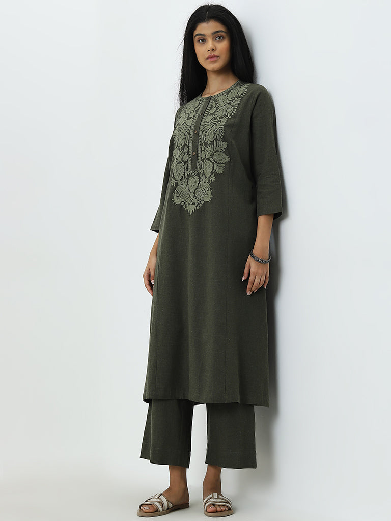 Utsa Olive Floral Embroidered A-Line Cotton Kurta