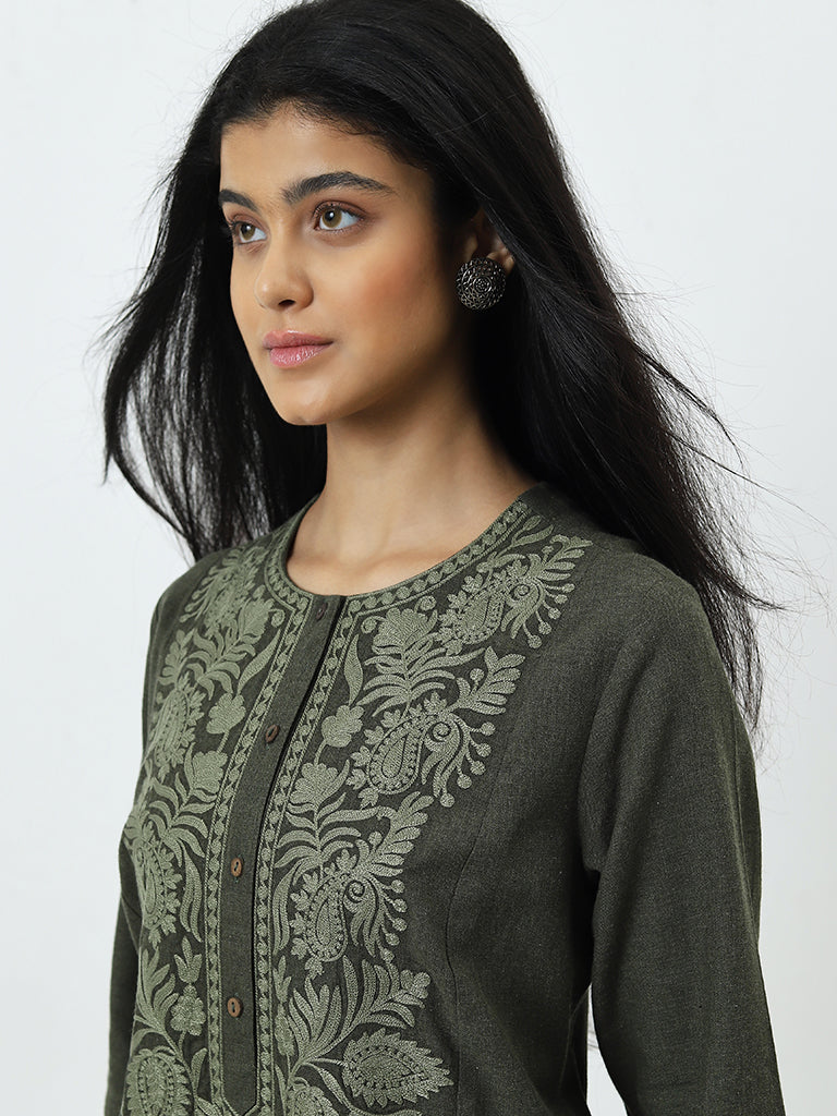 Utsa Olive Floral Embroidered A-Line Cotton Kurta