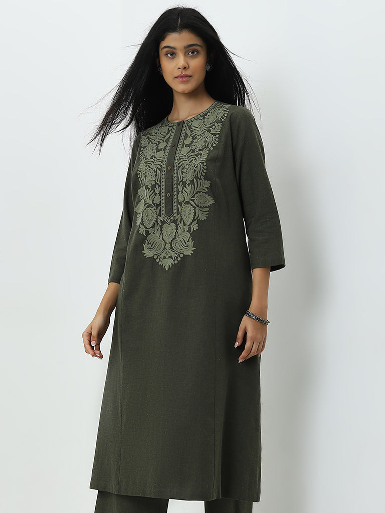 Utsa Olive Floral Embroidered A-Line Cotton Kurta