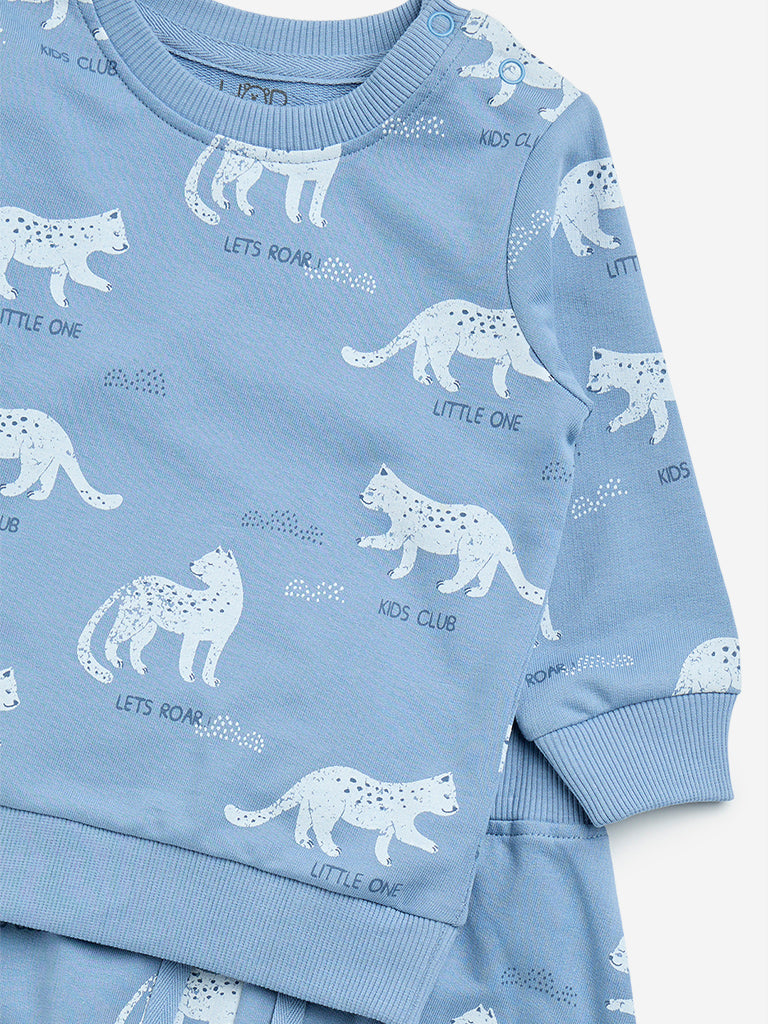 HOP Baby Blue Animal Printed Cotton T-Shirt and Pants Set