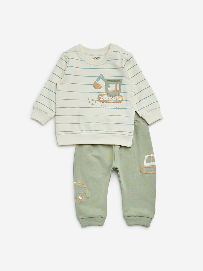 HOP Baby Sage Striped Cotton T-Shirt and Pants Set