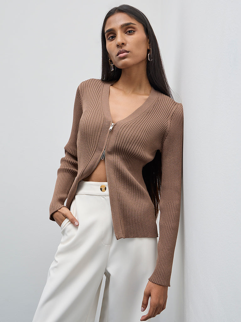 Wardrobe Brown Ribbed Textured Cardigan