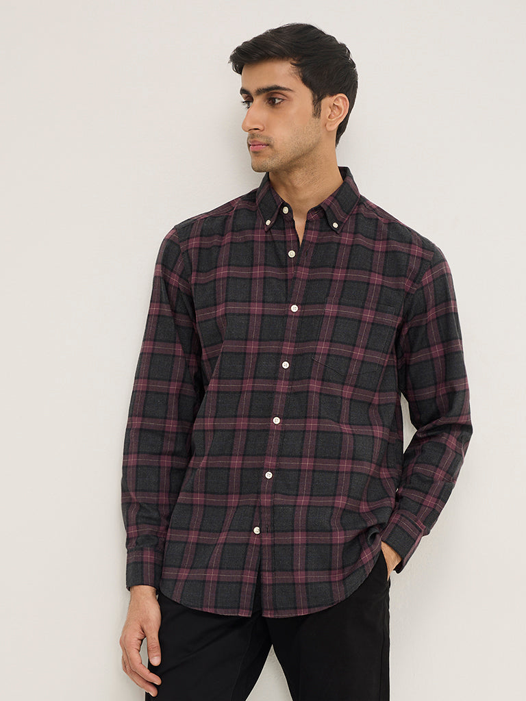 WES Casuals Purple Checkered Relaxed-Fit Cotton Shirt