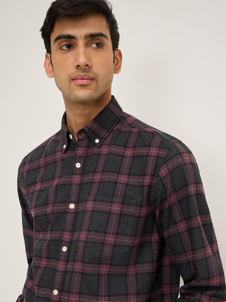 WES Casuals Purple Checkered Relaxed-Fit Cotton Shirt