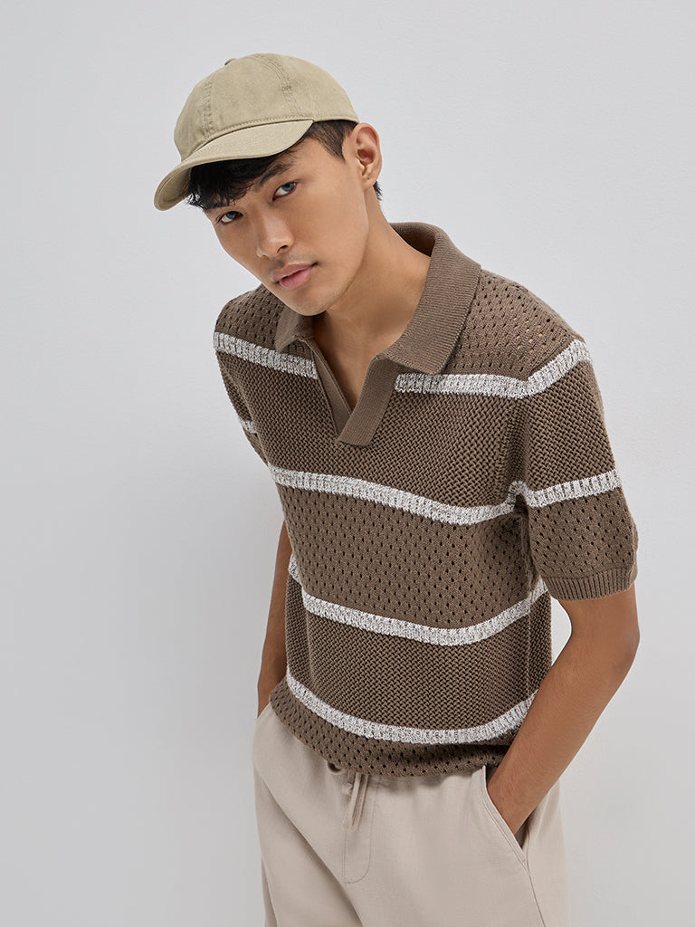 ETA Brown Striped Knitted Relaxed-Fit Cotton-Blend Sweater