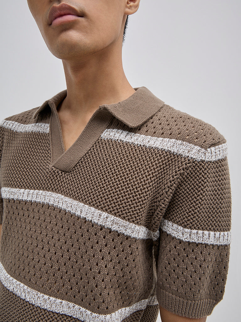 ETA Brown Striped Knitted Relaxed-Fit Cotton-Blend Sweater