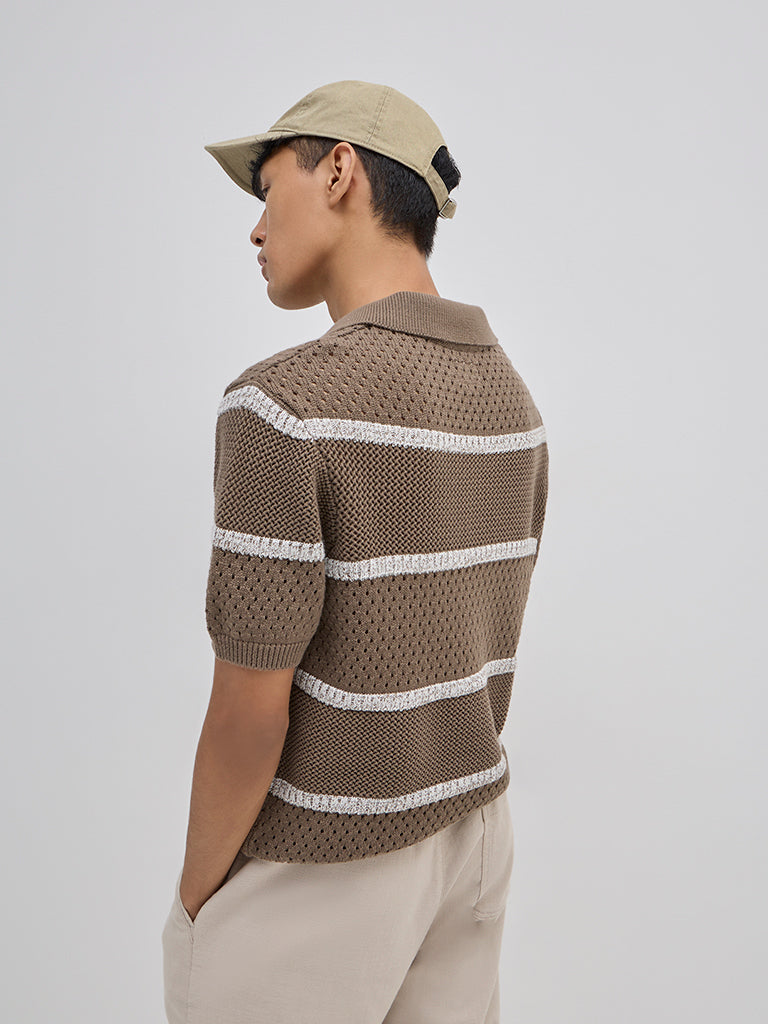 ETA Brown Striped Knitted Relaxed-Fit Cotton-Blend Sweater