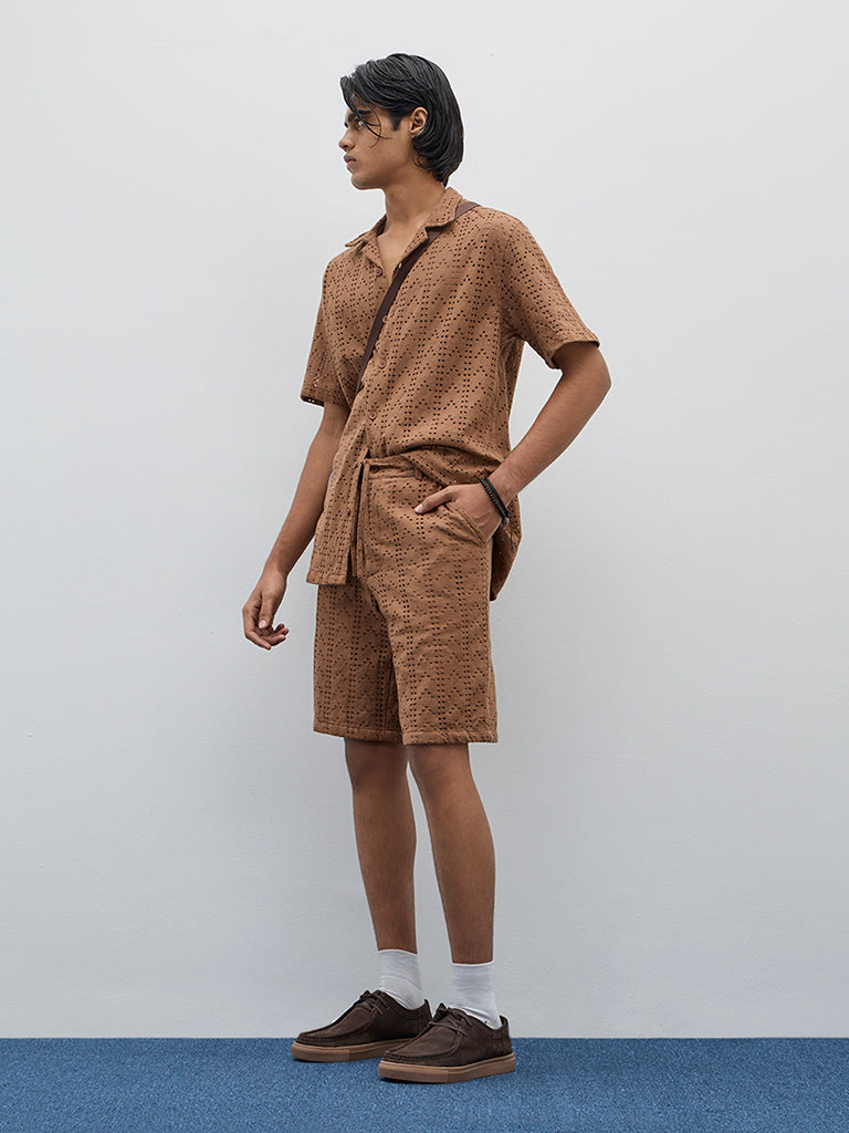 ETA Brown Mid-Rise Relaxed-Fit Cotton Blend Shorts