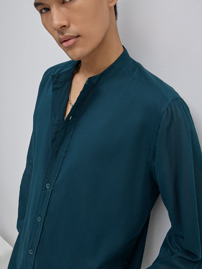 ETA Emerald Green Solid Relaxed-Fit Cotton Shirt