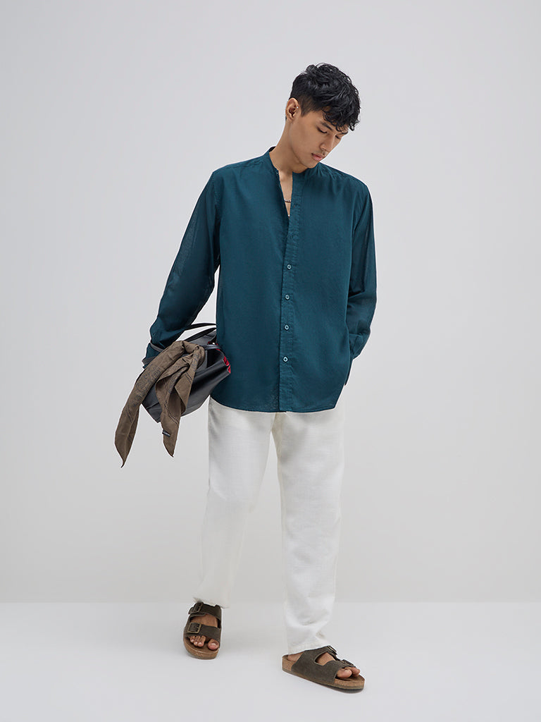 ETA Emerald Green Solid Relaxed-Fit Cotton Shirt