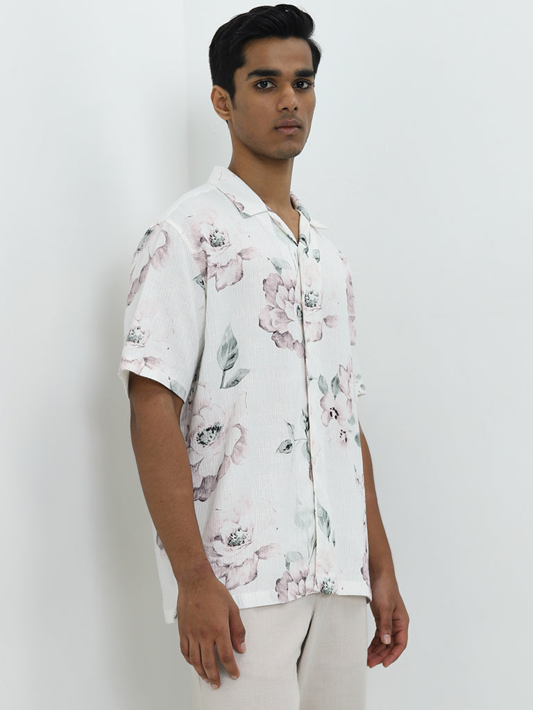 ETA White Floral Printed Relaxed-Fit Cotton Blend Shirt