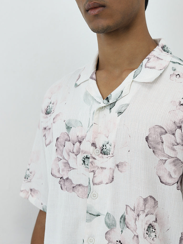 ETA White Floral Printed Relaxed-Fit Cotton Blend Shirt