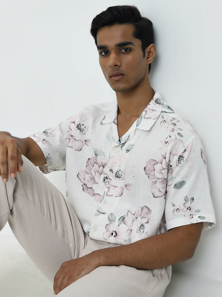 ETA White Floral Printed Relaxed-Fit Cotton Blend Shirt