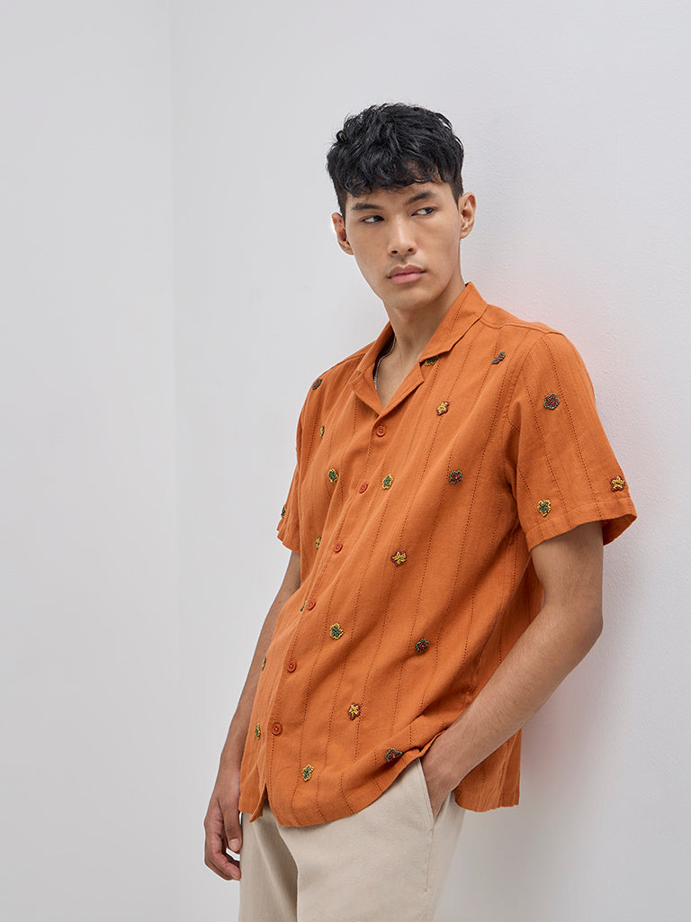 ETA Orange Floral Embroidered Relaxed-Fit Cotton Shirt