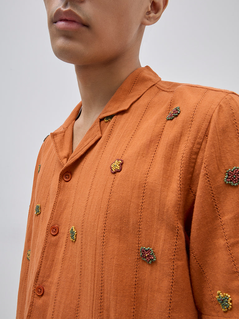 ETA Orange Floral Embroidered Relaxed-Fit Cotton Shirt