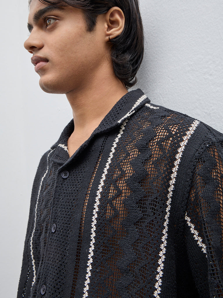 ETA Black Knit-Textured Relaxed-Fit Cotton Shirt