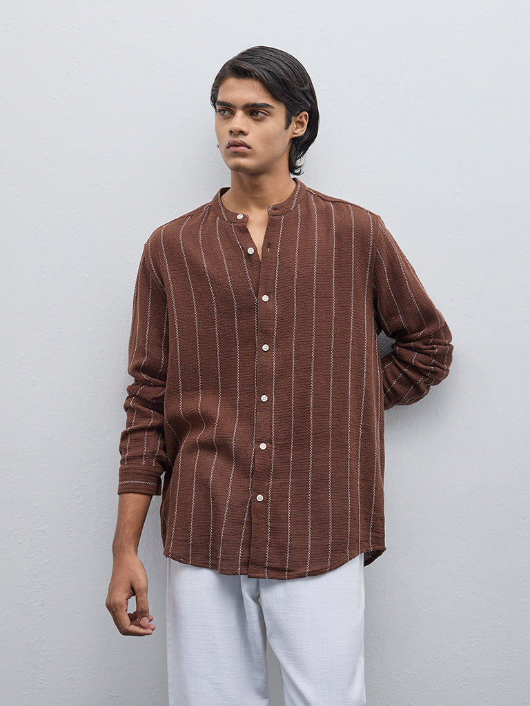 ETA Brown Striped Resort-Fit Cotton-Blend Shirt